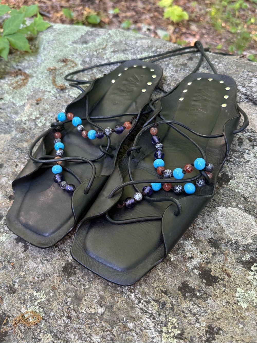 Size 39 Zara Black Leather Beaded Lace-Up Sandals with Turquoise Accents